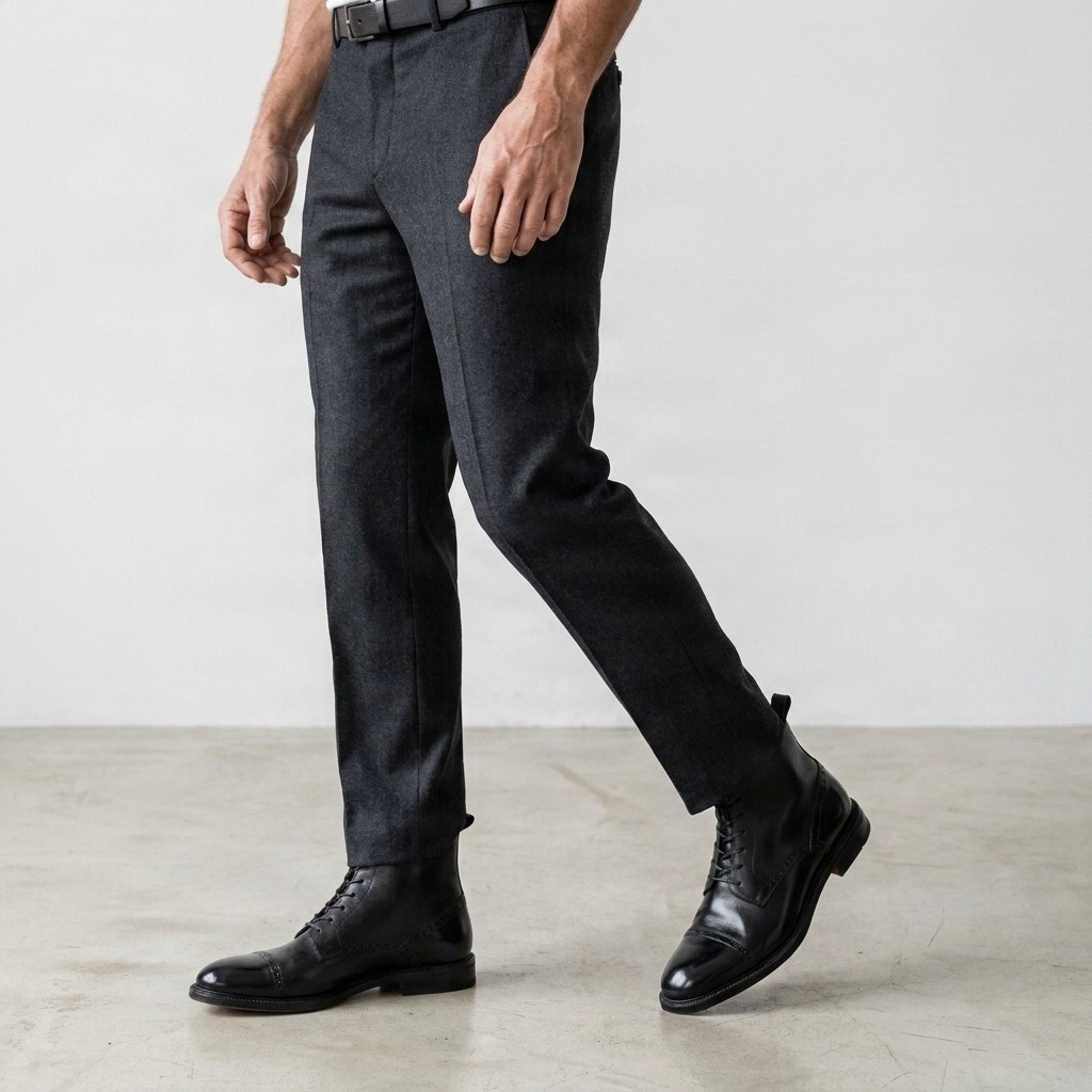 Black leather ankle boots cap toe brogued for men