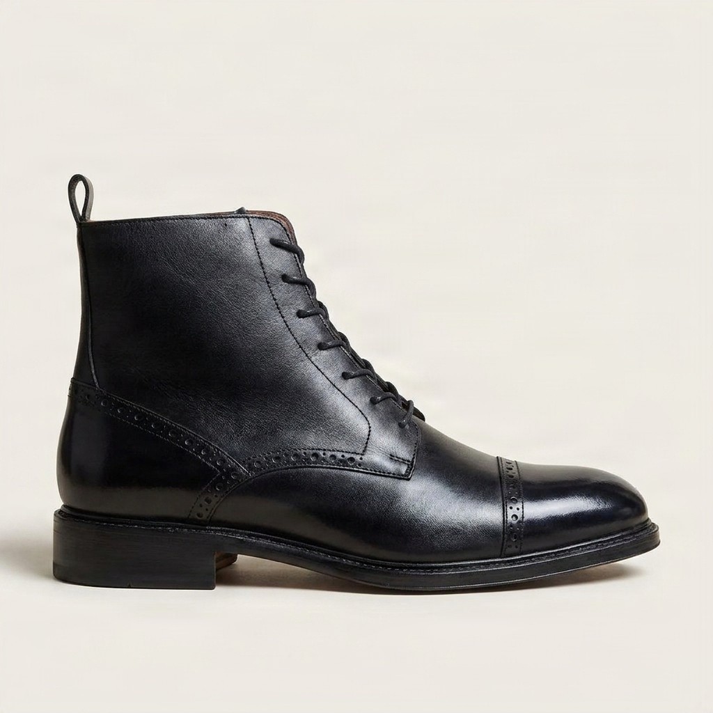 Men's black leather ankle boots cap toe brogued