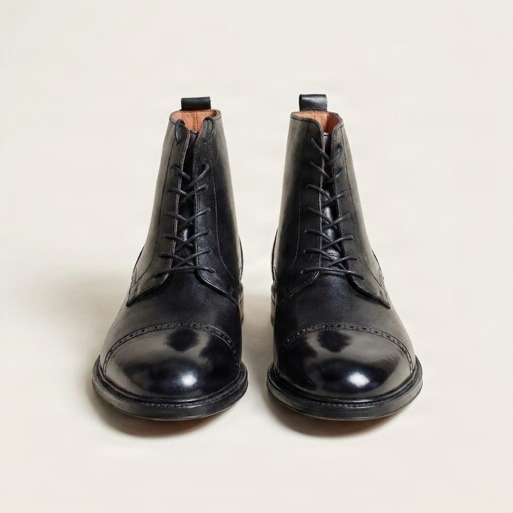 Men's leather ankle boots cap toe brogued in black