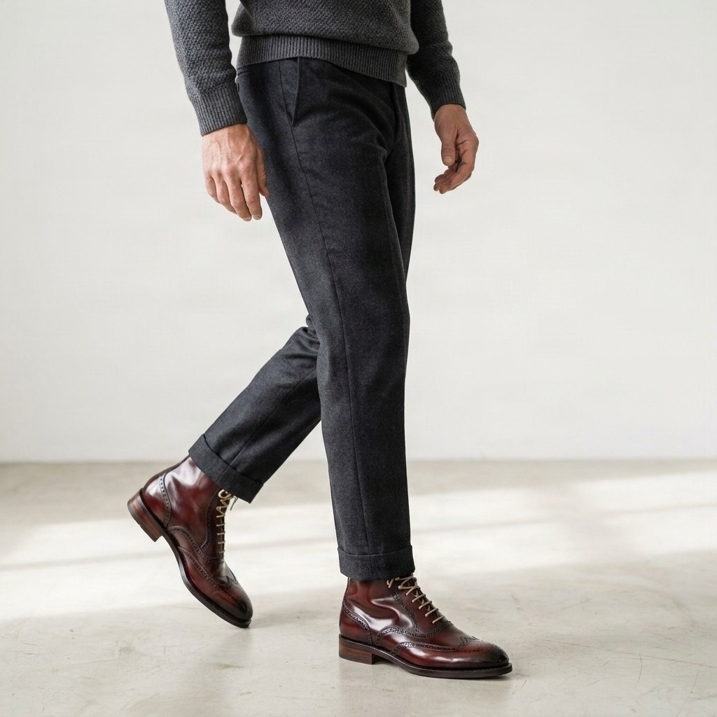 Burgundy leather ankle boots wingtip for men