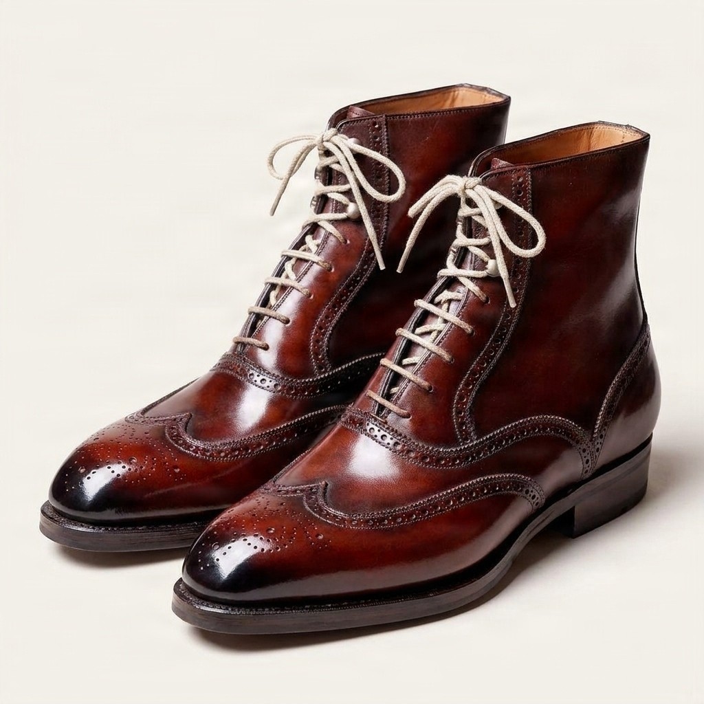 Men's leather ankle boots wingtip in burgundy