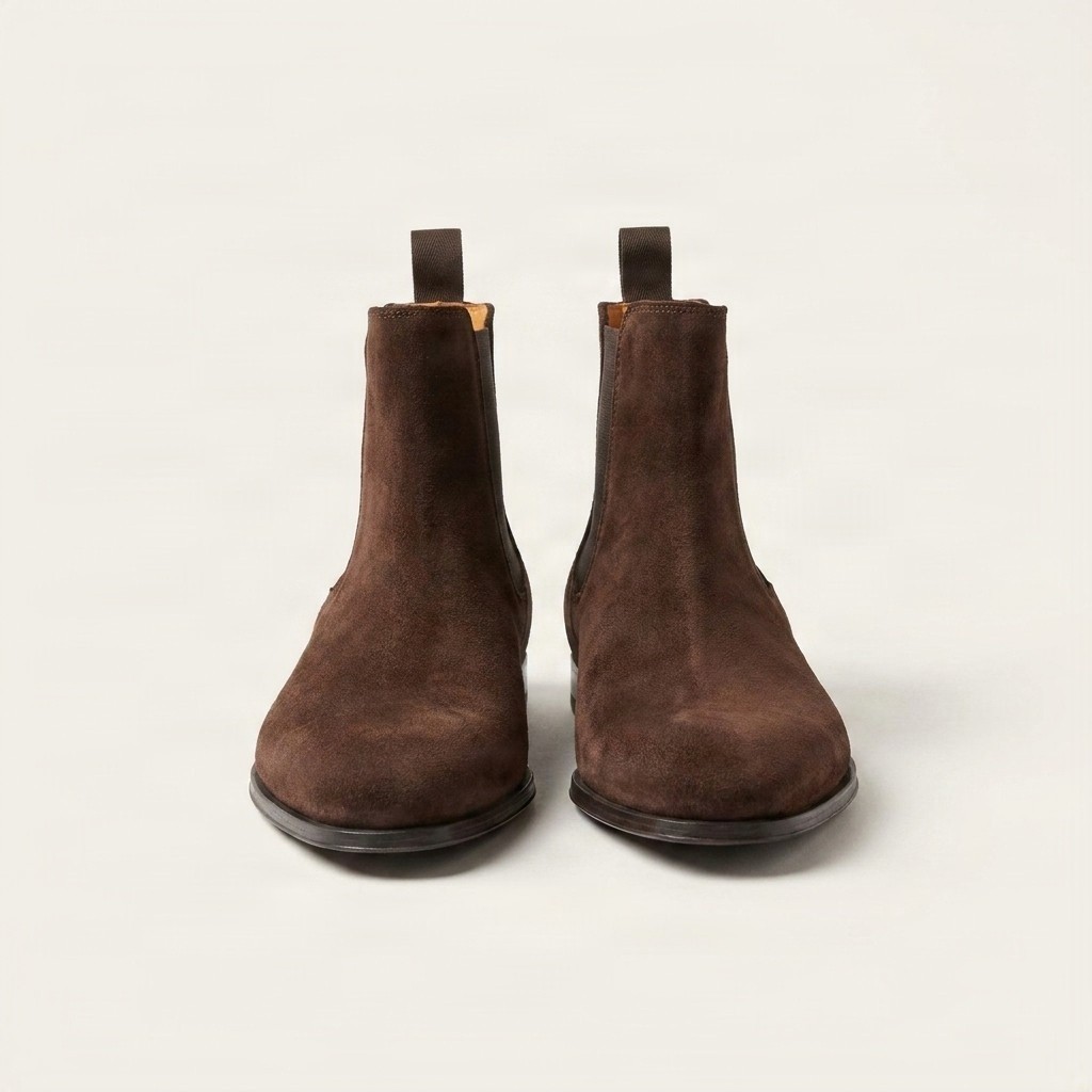 Dark brown suede chelsea boots pull tab front view