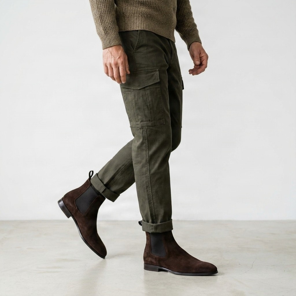 Dark brown suede chelsea boots pull tab on male model