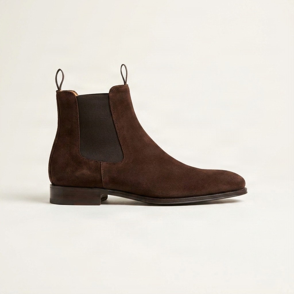 Dark brown suede chelsea boots pull tab side view
