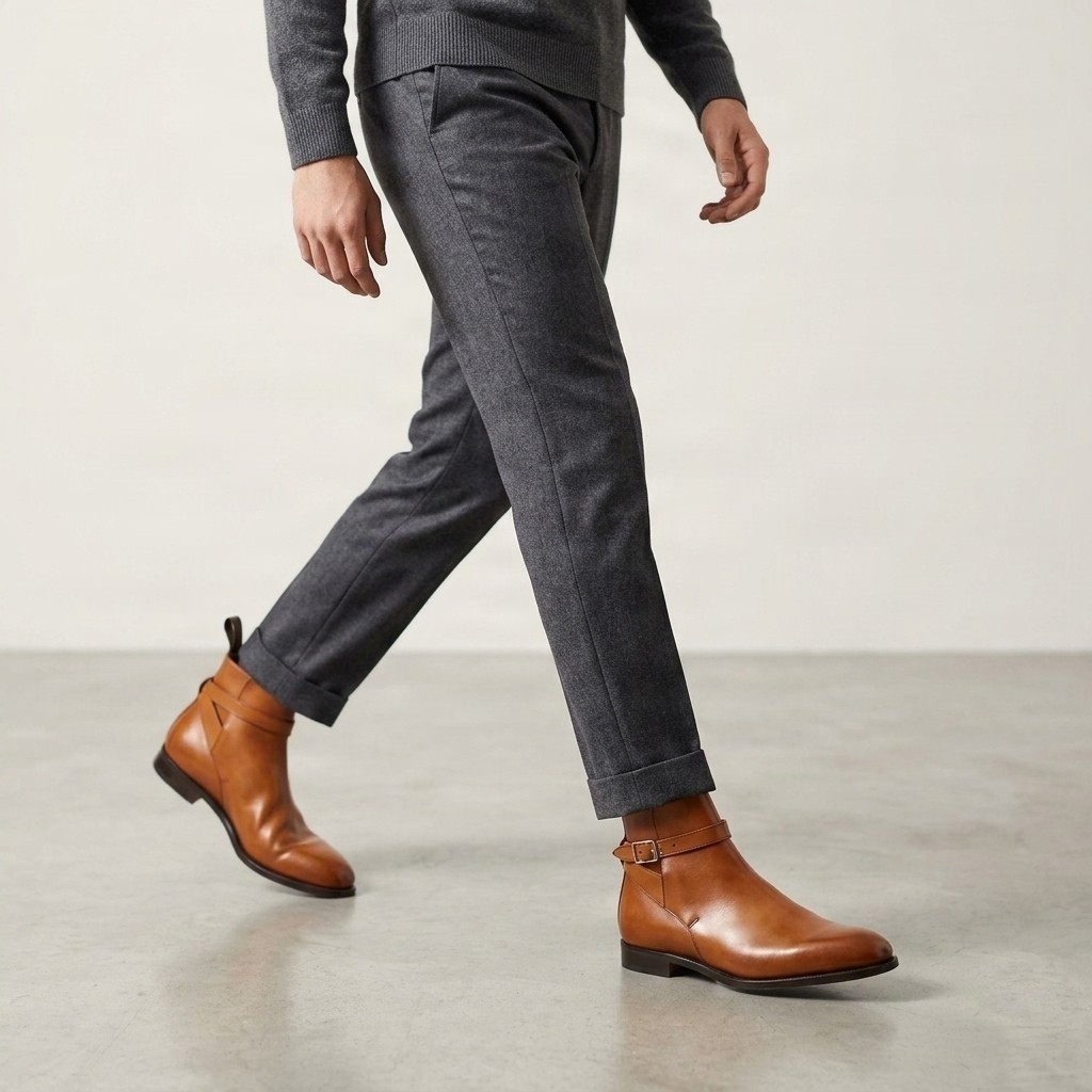 Men's cognac leather jodhpur boots pull tab