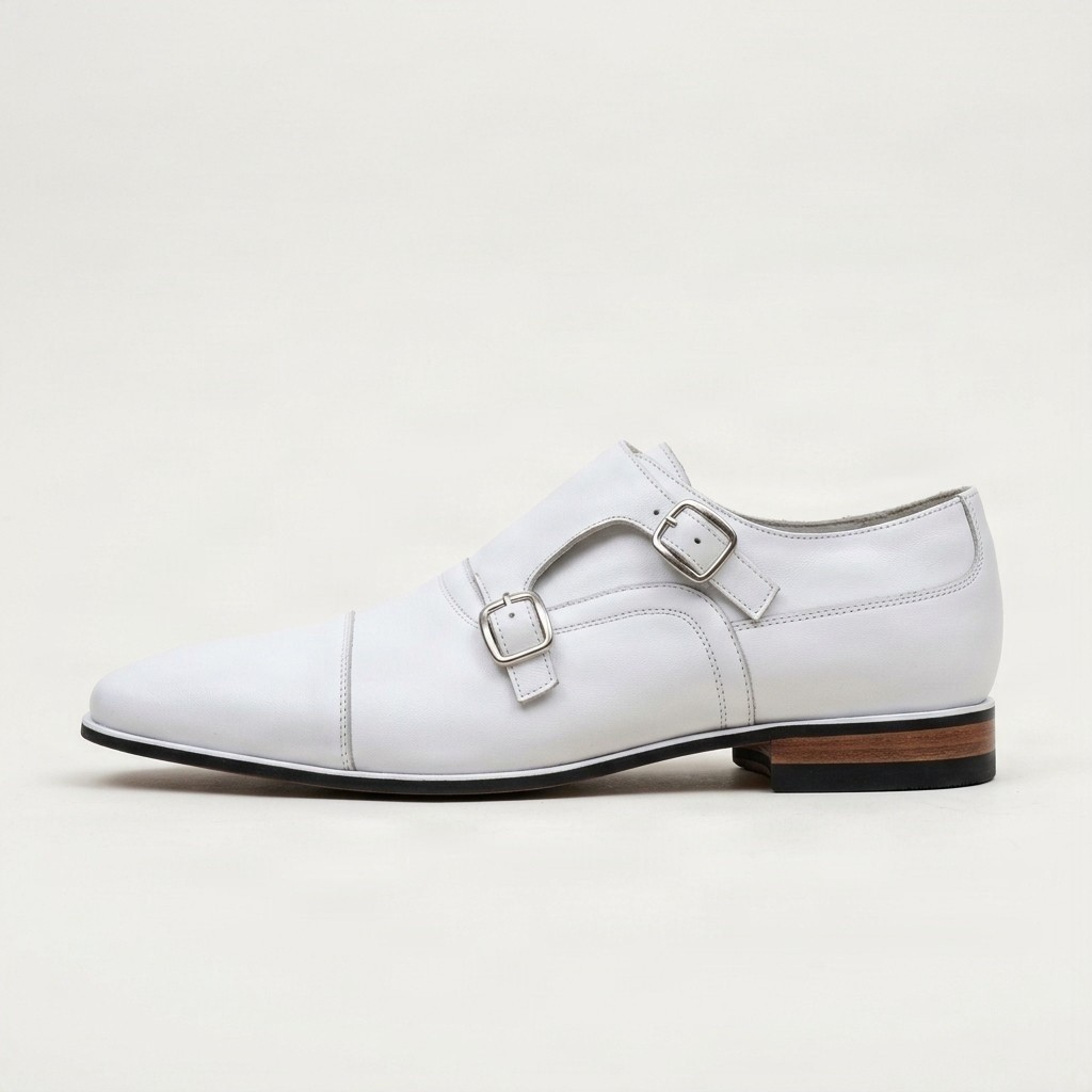 White leather double monk strap shoes for men