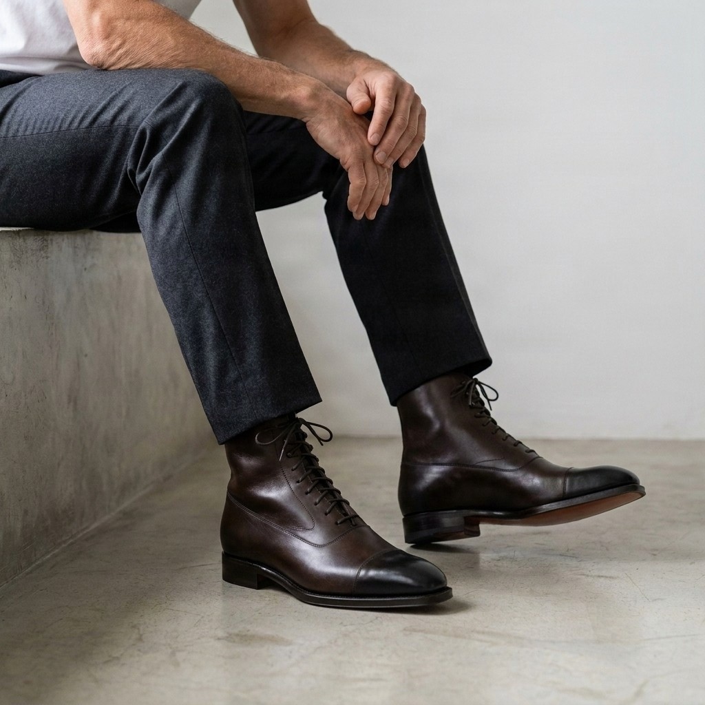 Men's leather dress boots cap toe in brown