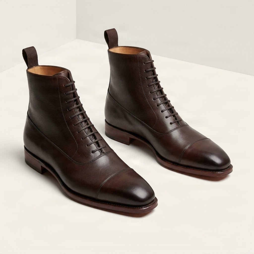 Brown leather dress boots cap toe for men