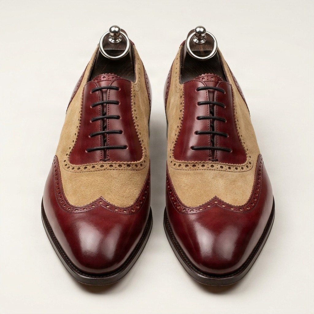 Burgundy and beige suede brogues for men