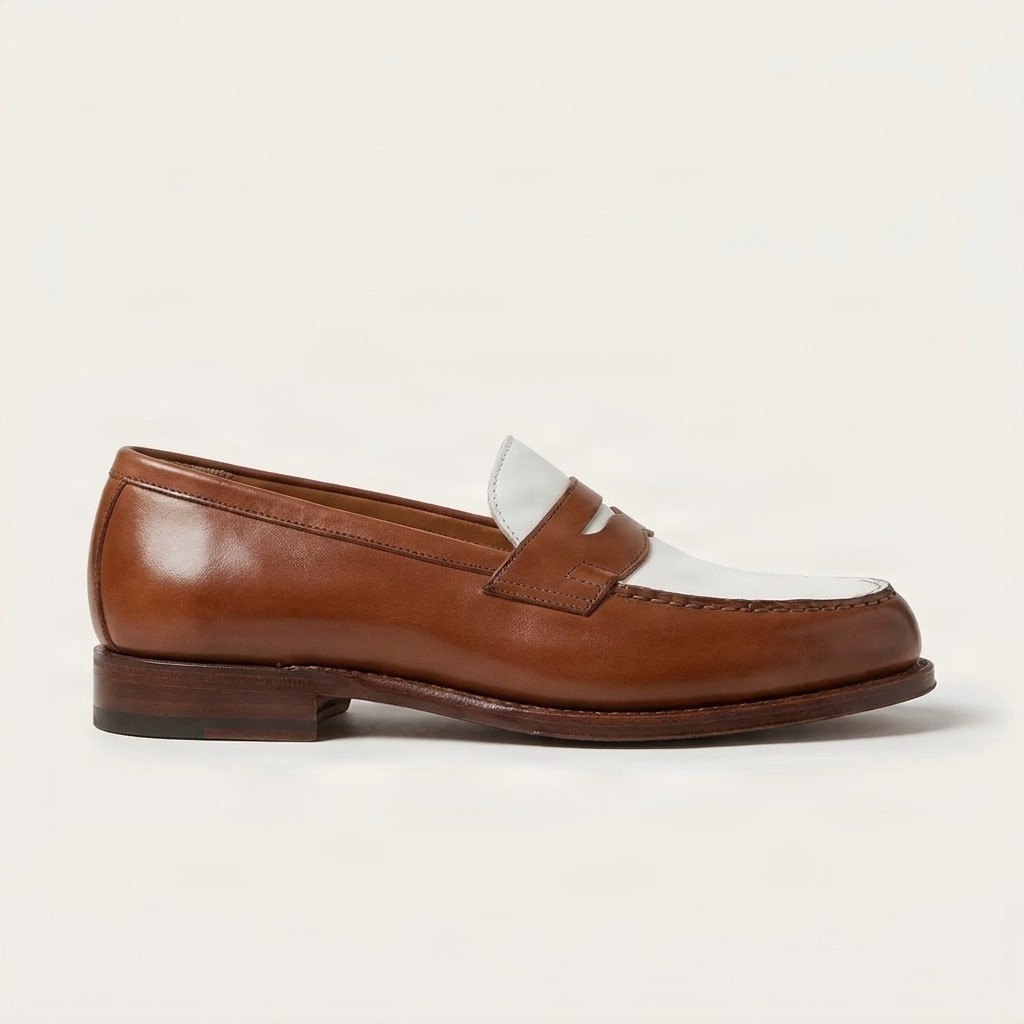 Men's brown and white leather penny loafers