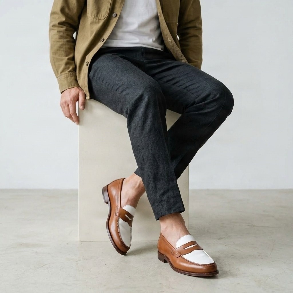 Brown and white leather penny loafers for men