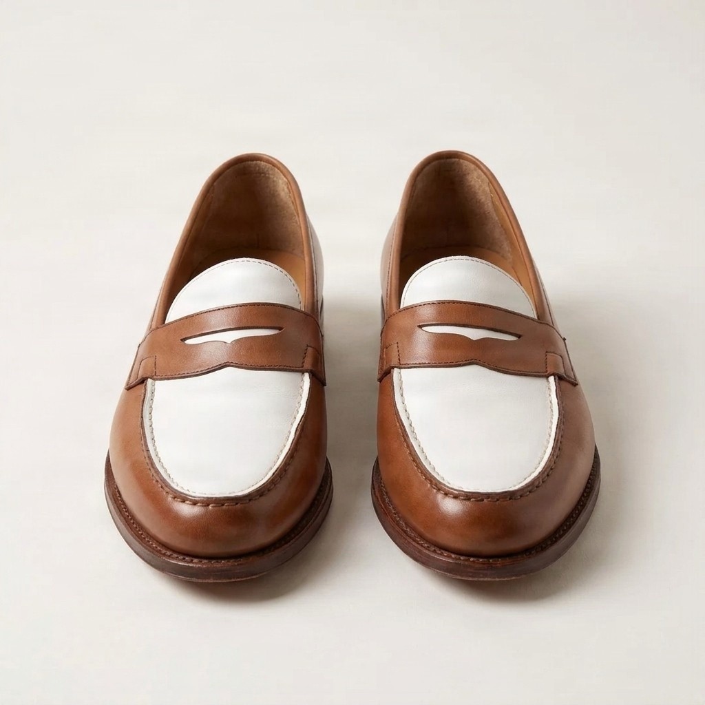 Men's leather penny loafers in brown and white