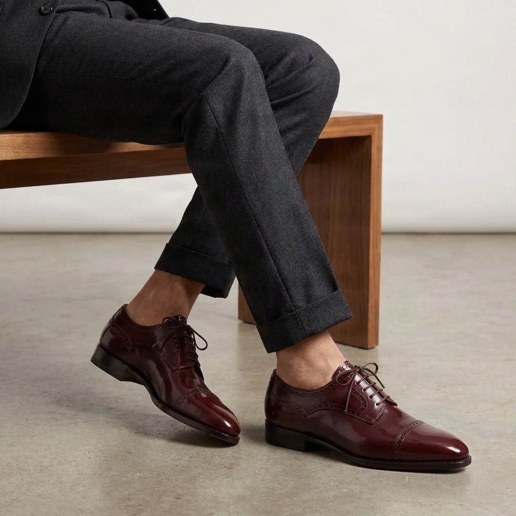 Men's leather cap toe brogues punched in burgundy