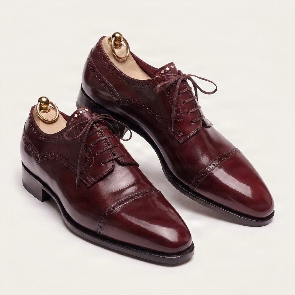 Burgundy leather cap toe brogues punched