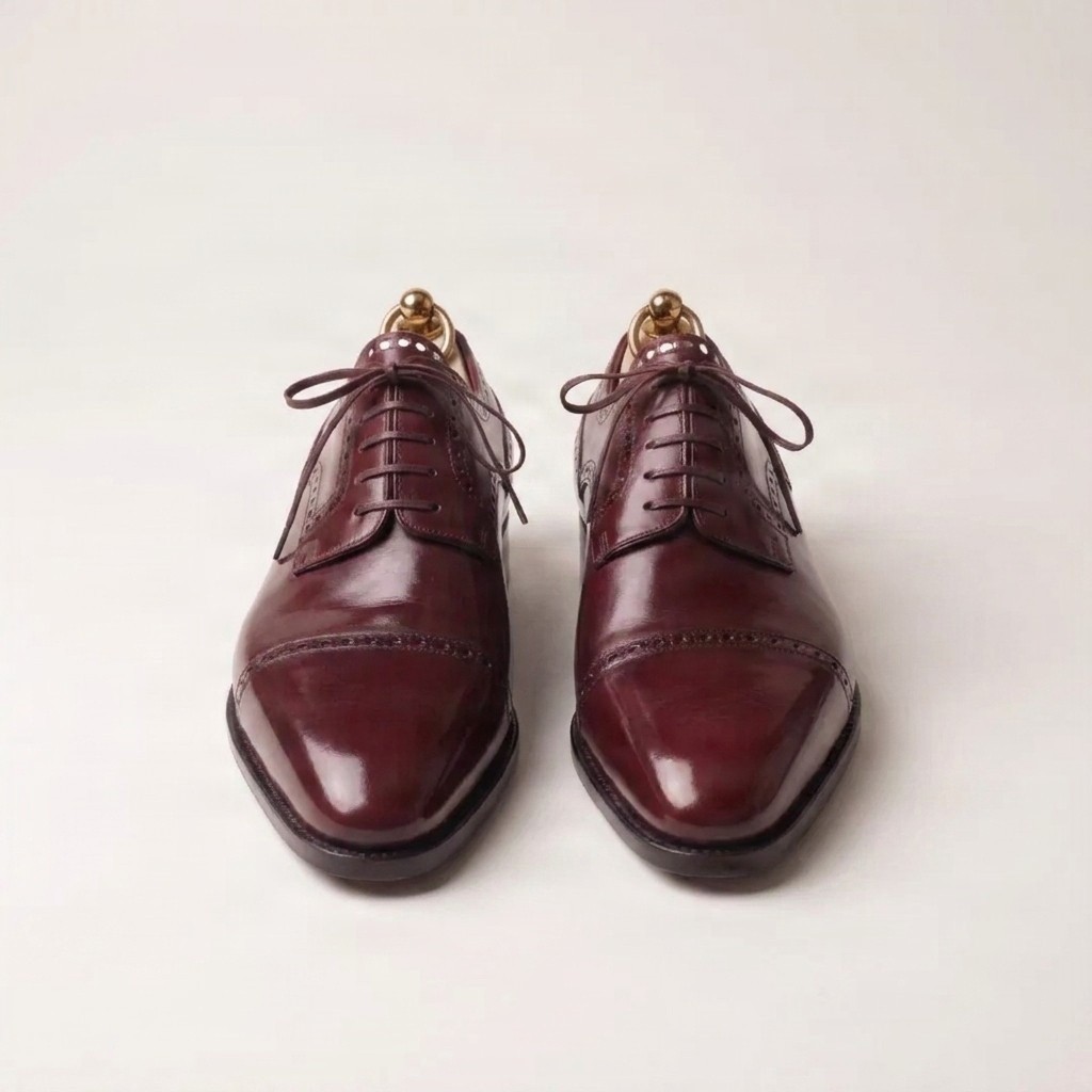 Men's burgundy leather cap toe brogues punched