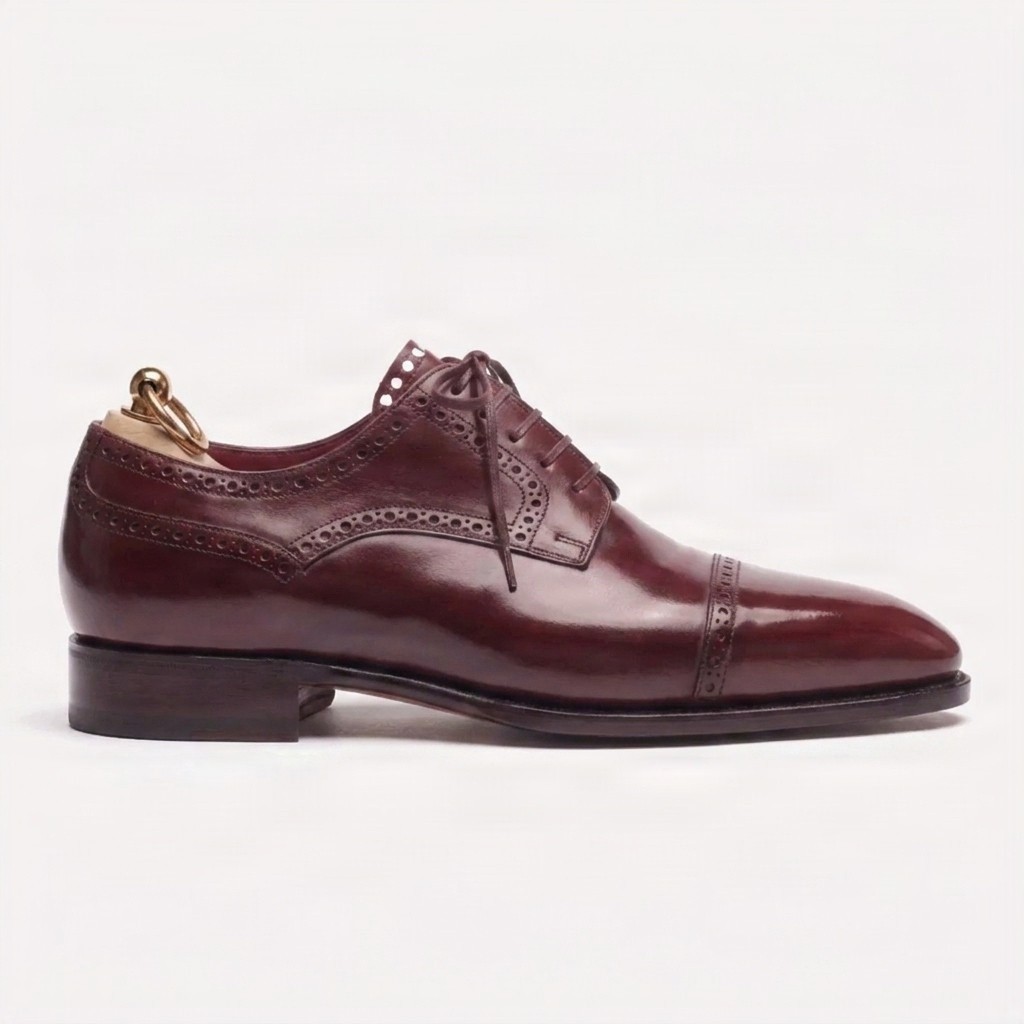 Burgundy leather cap toe brogues punched for men