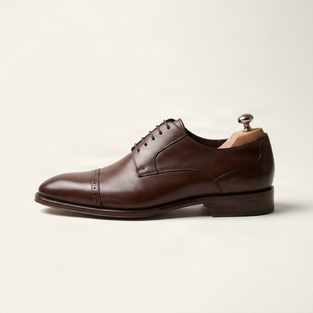 Men's brown leather cap toe brogues medallion punching
