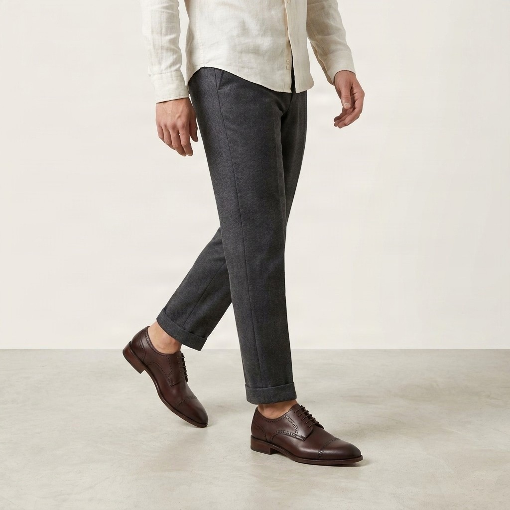 Brown leather cap toe brogues medallion punching for men