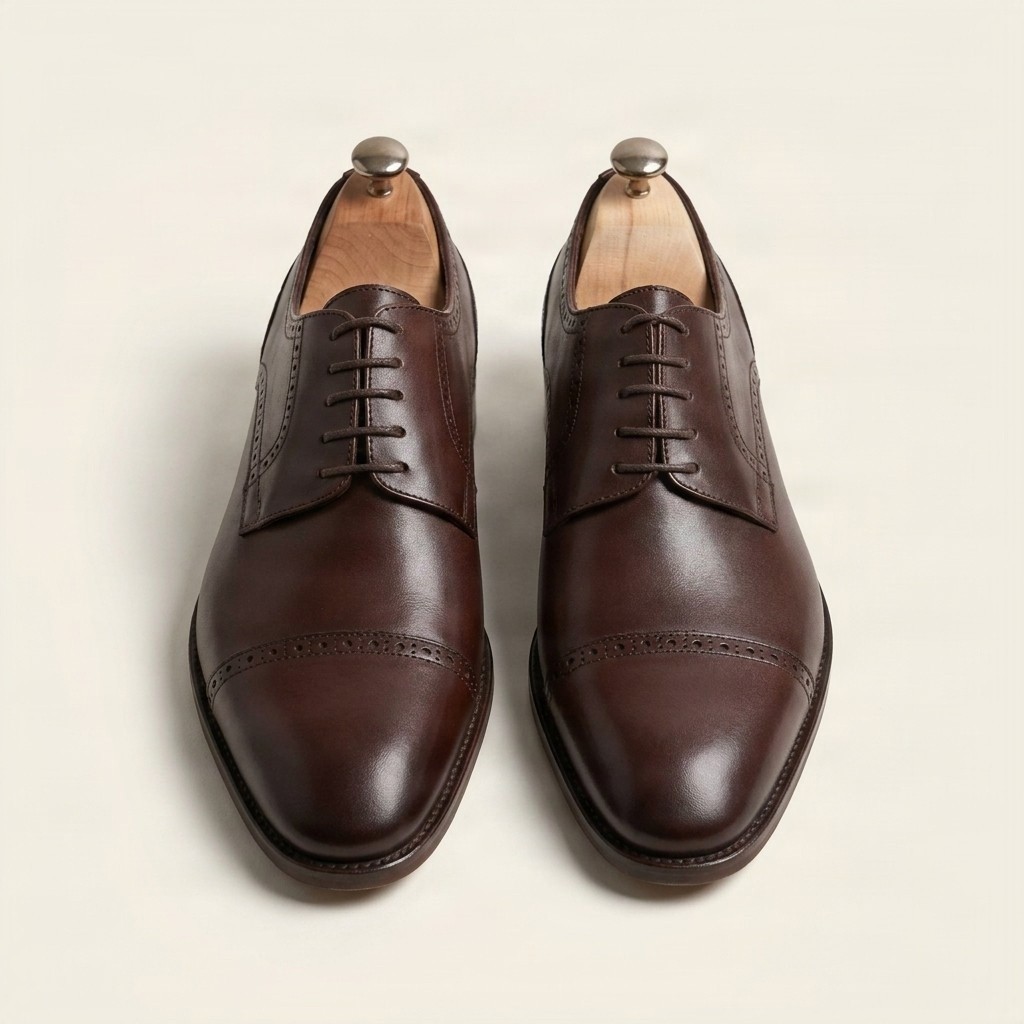 Men's leather cap toe brogues medallion punching in brown