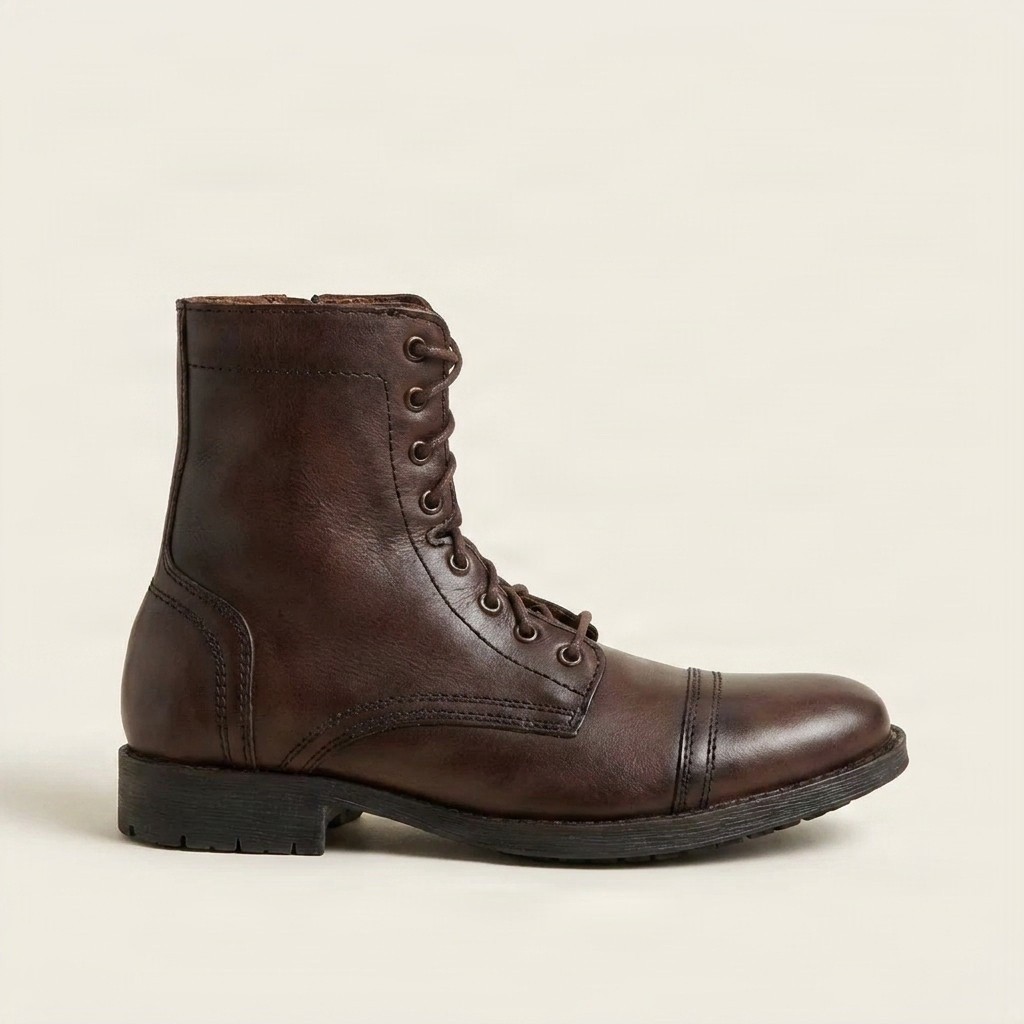 Brown leather combat boots side zip for men