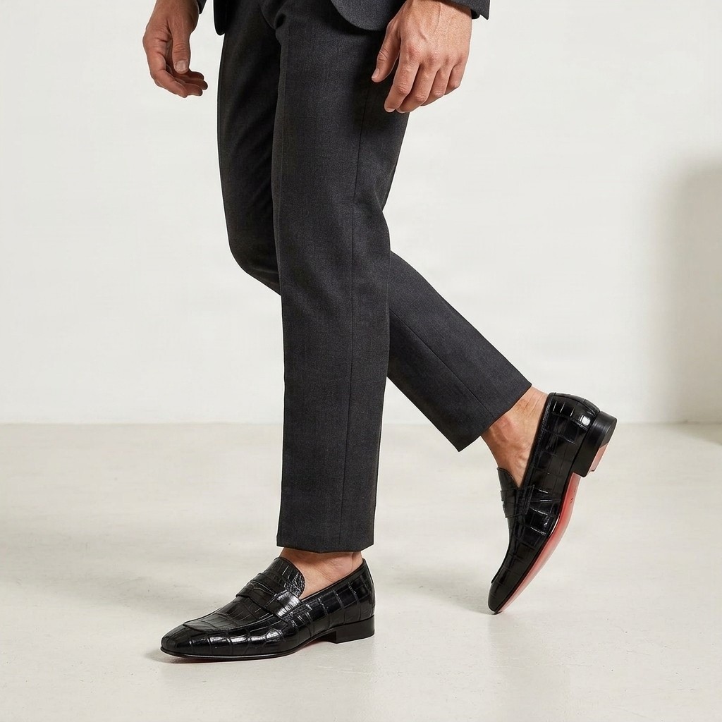 Black crocodile penny loafers for men