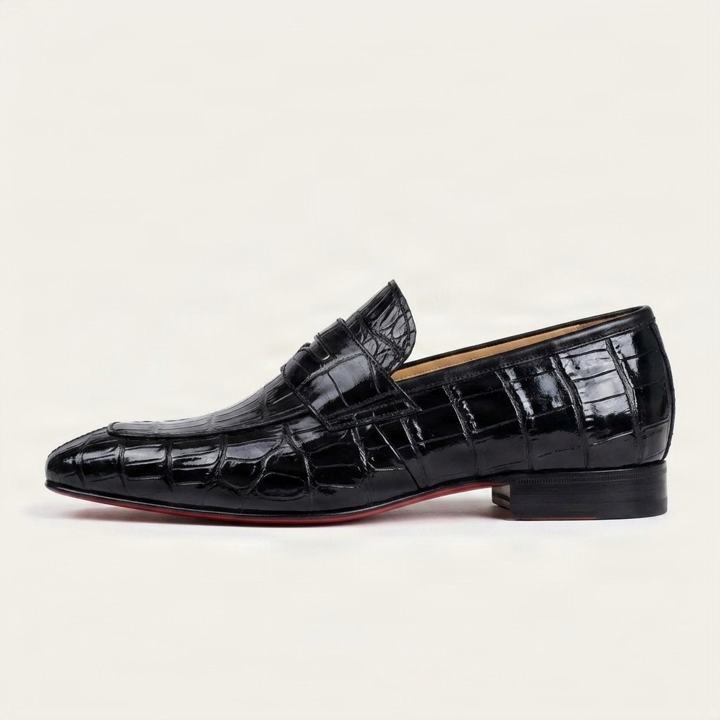 Men's black crocodile penny loafers