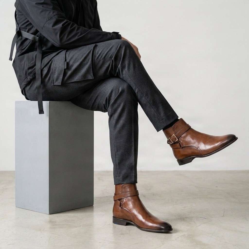 Men's brown leather jodhpur boots buckle ankle