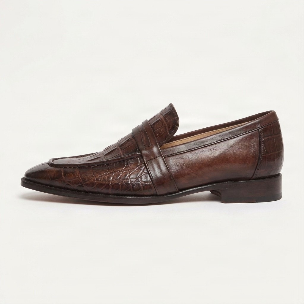 Brown crocodile penny loafers toe for men