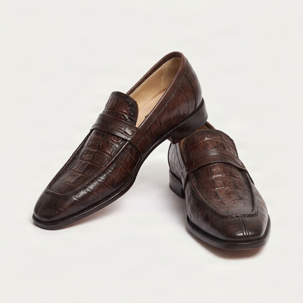 Brown alligator penny loafers