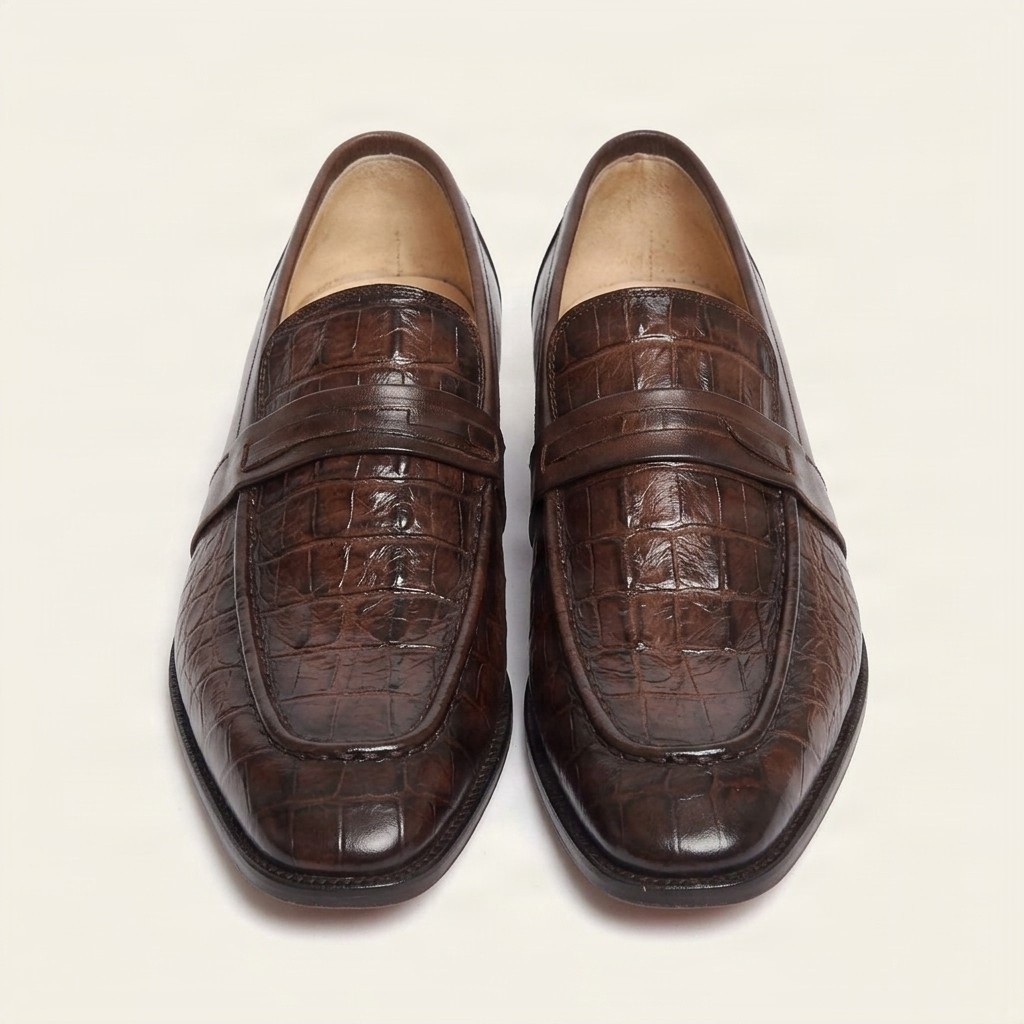 Men's crocodile penny loafers toe in brown