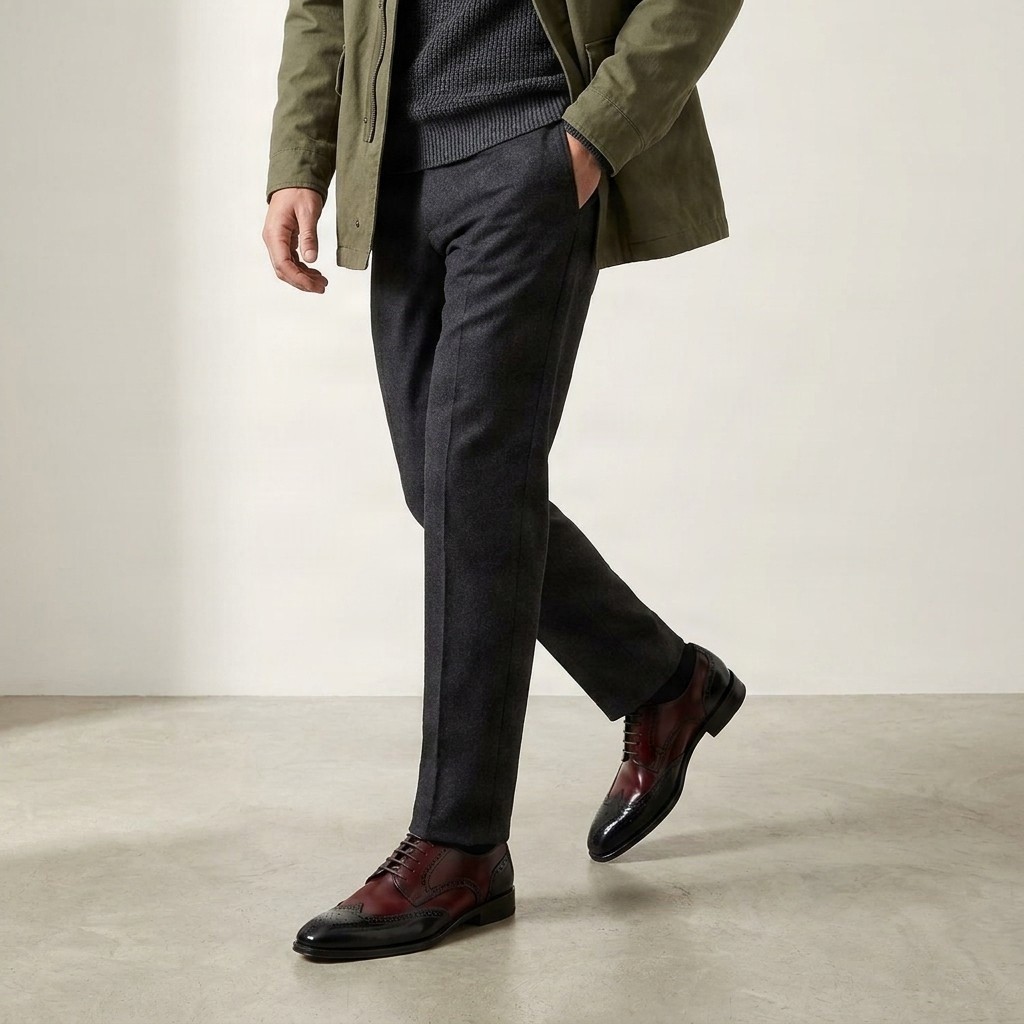 Burgundy and black leather brogues for men