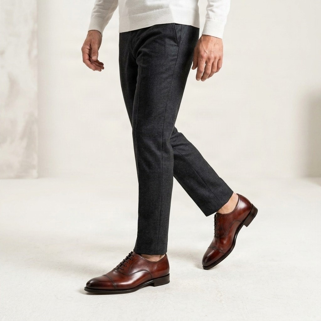 Men's burgundy leather oxford shoes cap toe seam