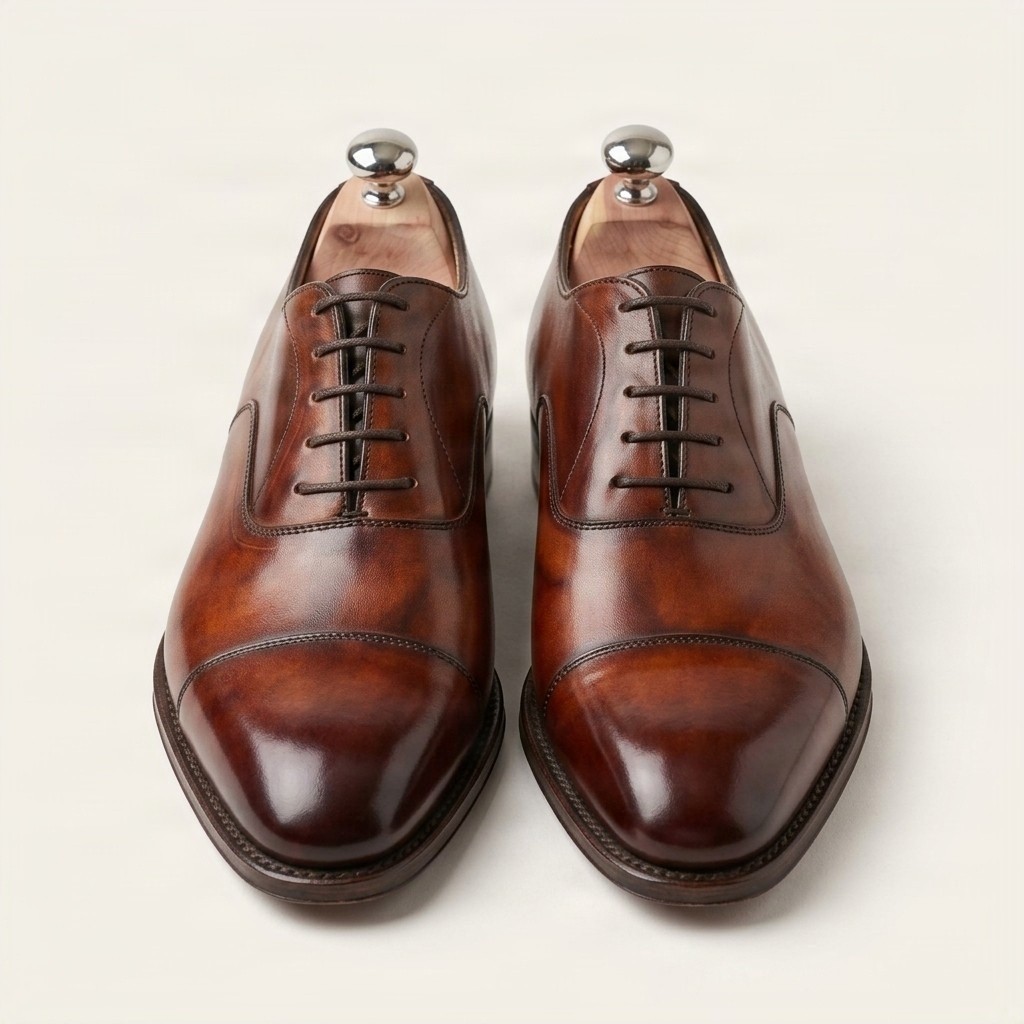 Burgundy leather oxford shoes cap toe seam for men