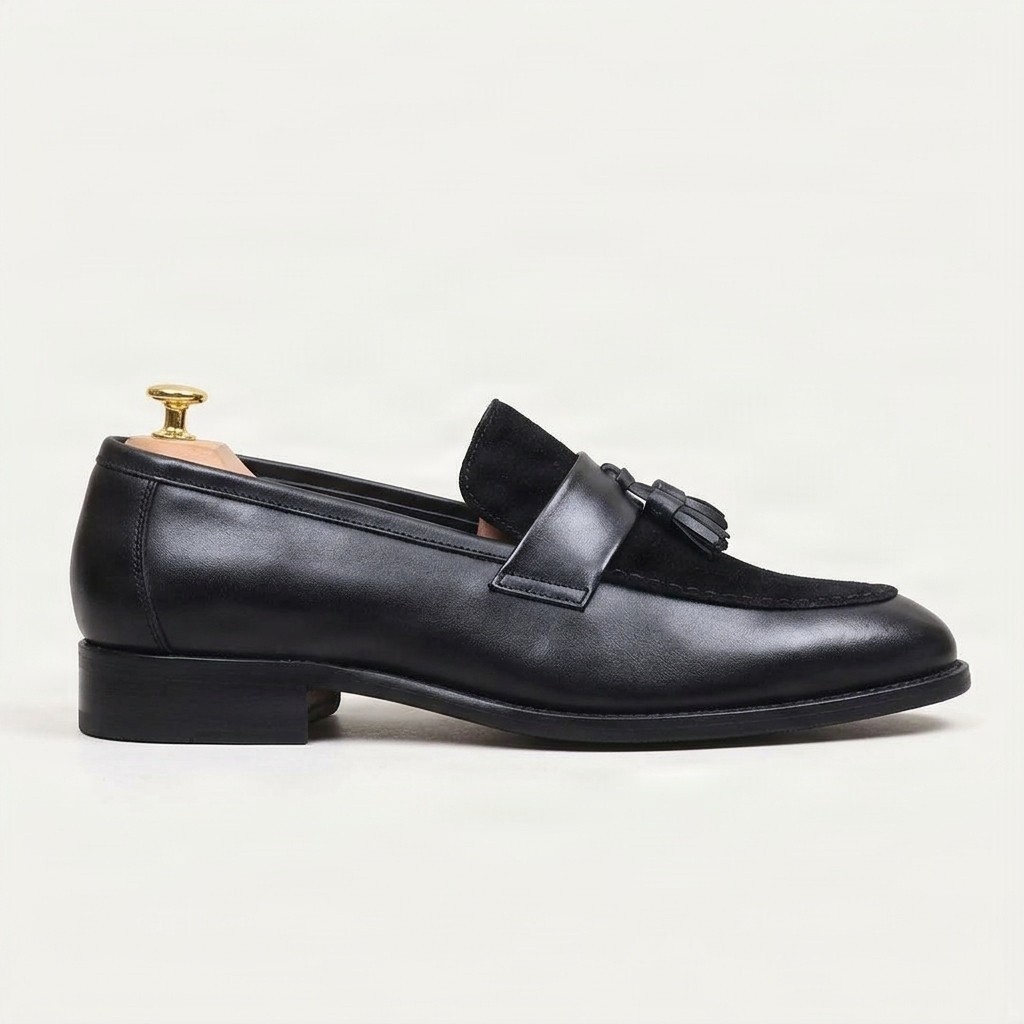 Black suede tassel loafers for men