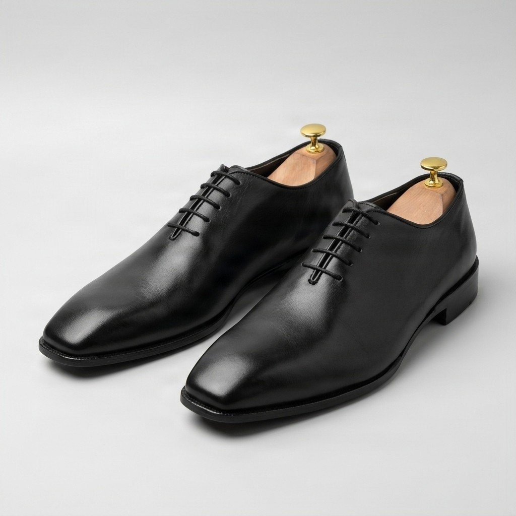 Black leather wholecut oxfords square toe