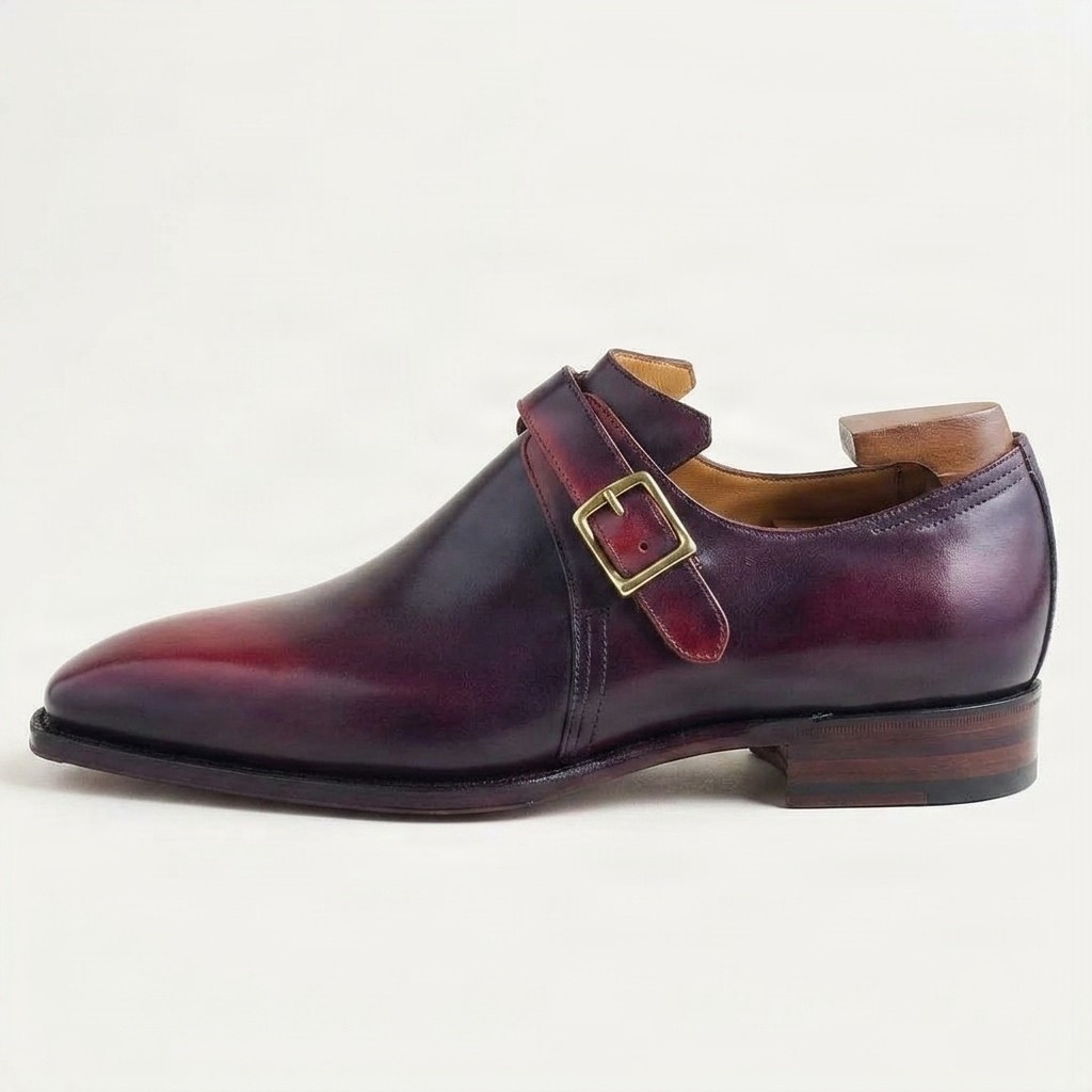 Burgundy leather monk strap shoes pointed toe for men