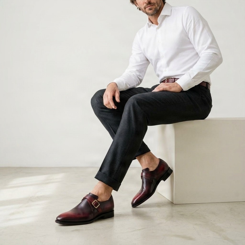 Men's leather monk strap shoes pointed toe in burgundy