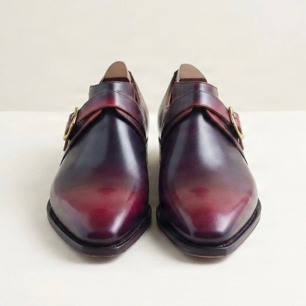 Men's burgundy leather monk strap shoes pointed toe