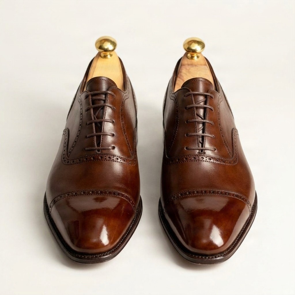 Brown leather cap toe brogues polished for men