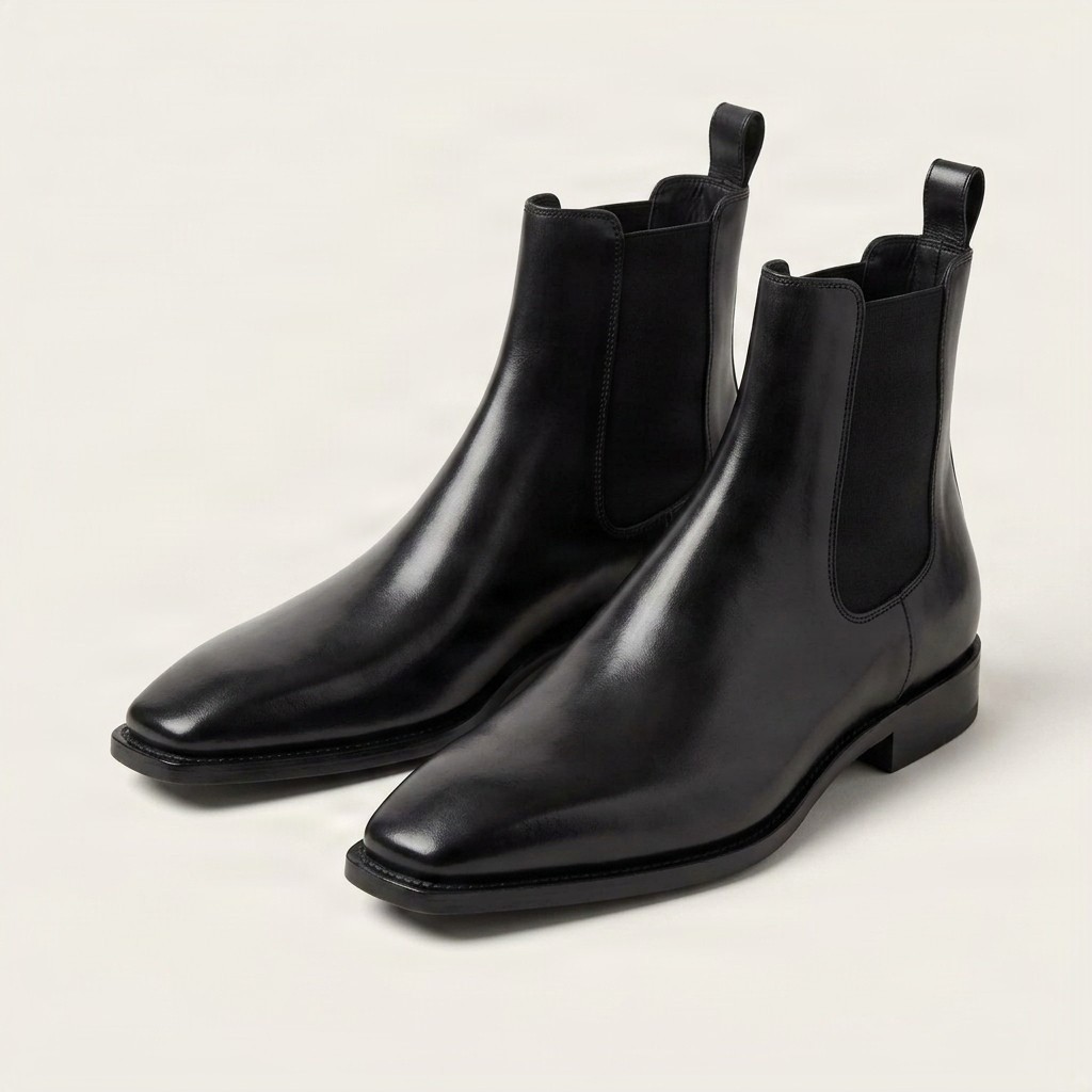Black leather chelsea boots square toe for men