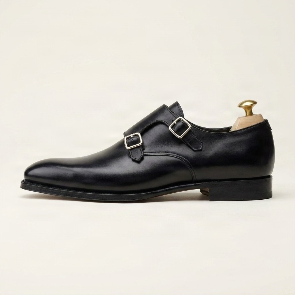 Black leather double monk strap shoes plain toe