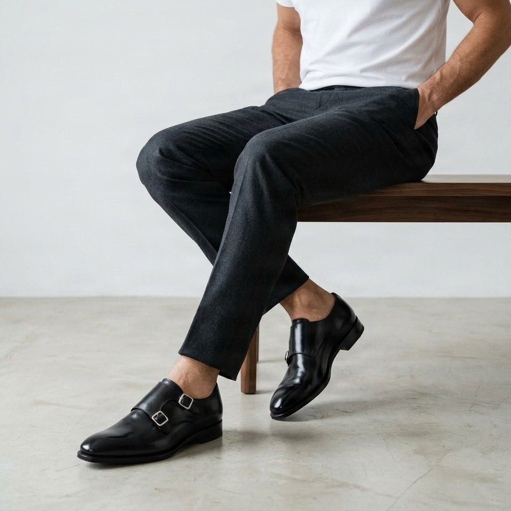 Black leather double monk strap shoes plain toe for men
