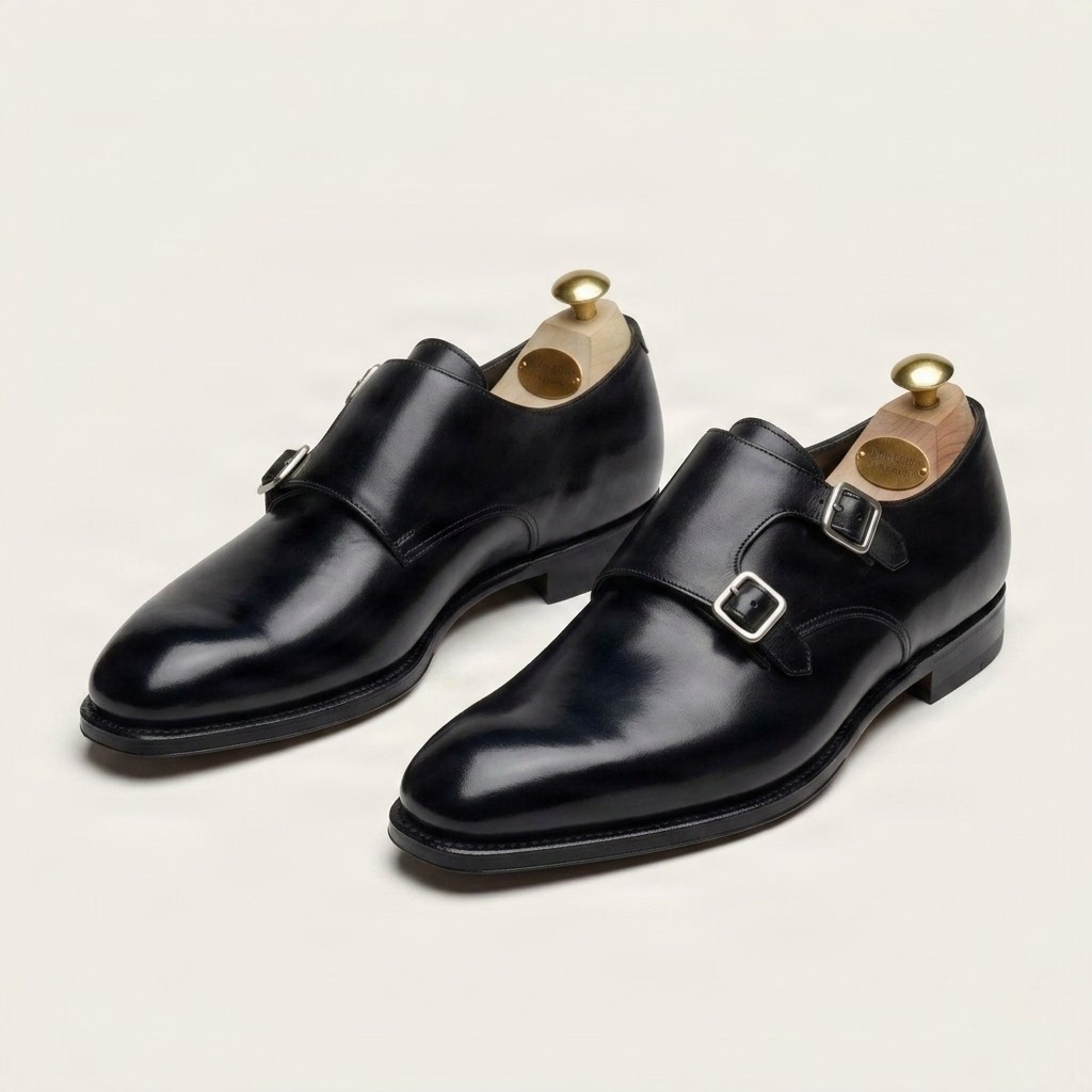 Men's black leather double monk strap shoes plain toe
