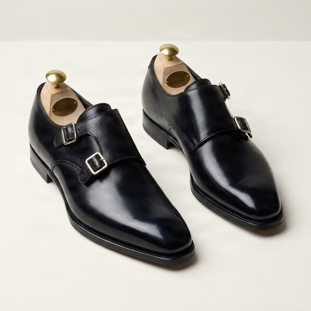 Men's leather double monk strap shoes plain toe in black