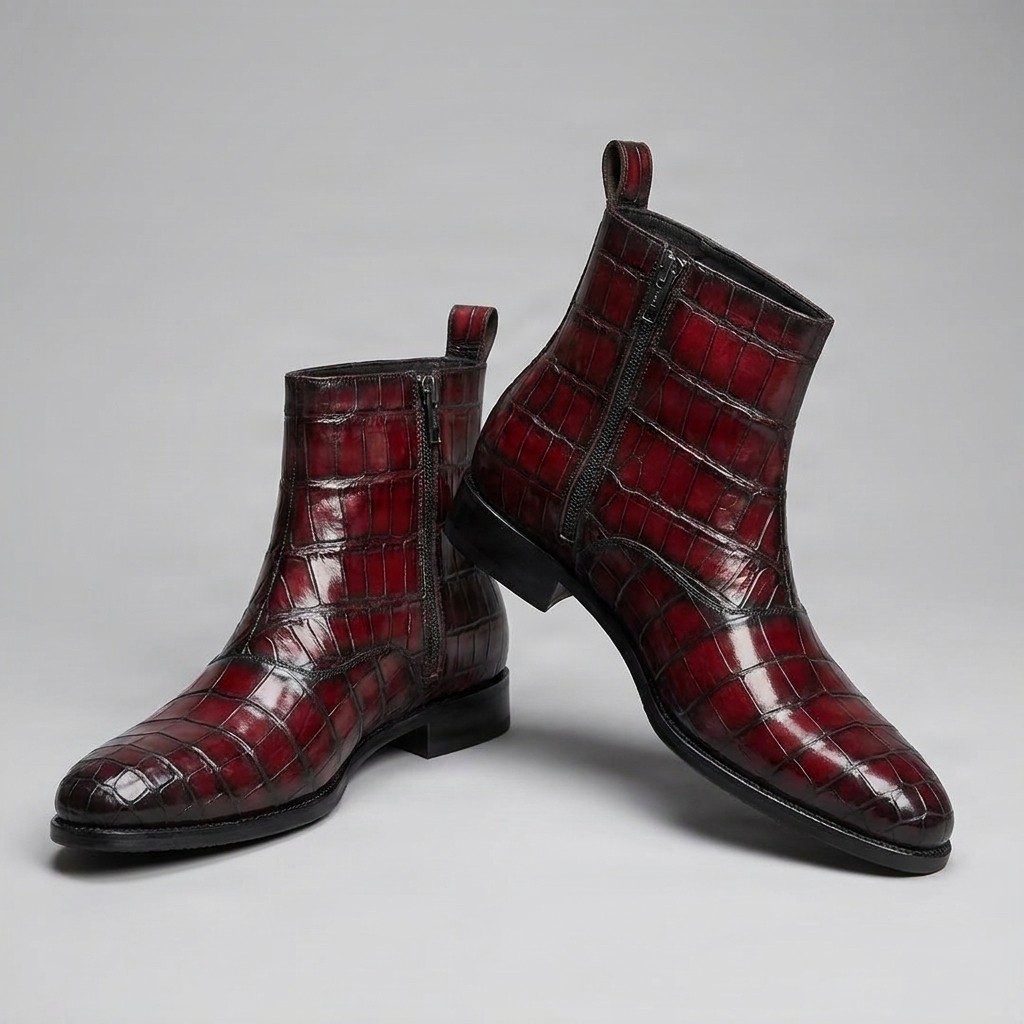 Men's burgundy crocodile ankle boots