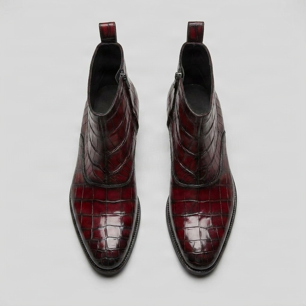 Burgundy crocodile ankle boots for men