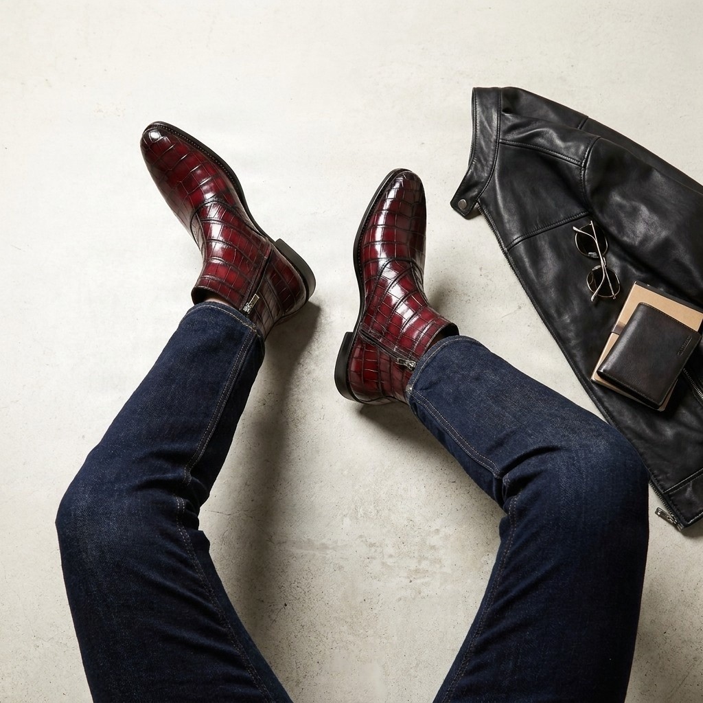 Men's crocodile ankle boots in burgundy