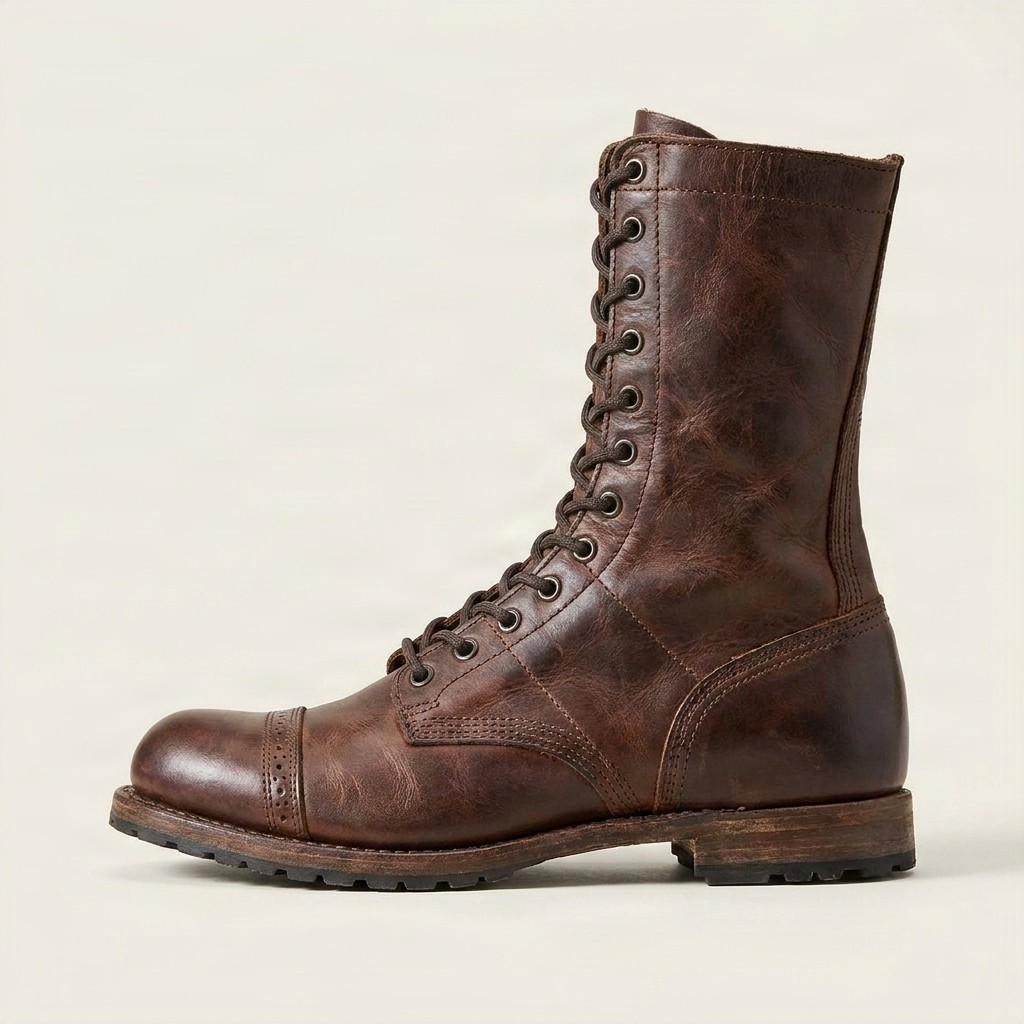 Brown leather combat boots cap toe for men