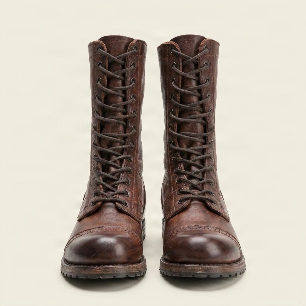 Men's brown leather combat boots cap toe