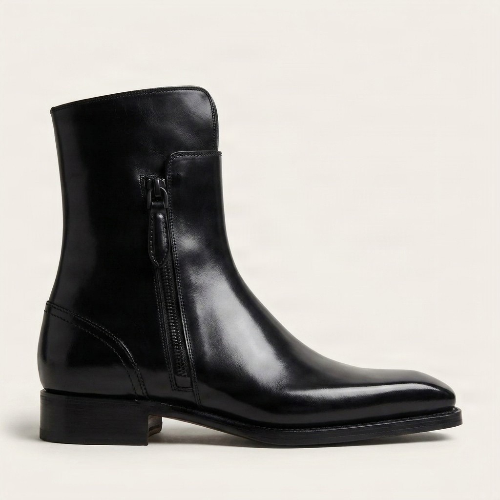 Men's leather ankle boots pull tab in black